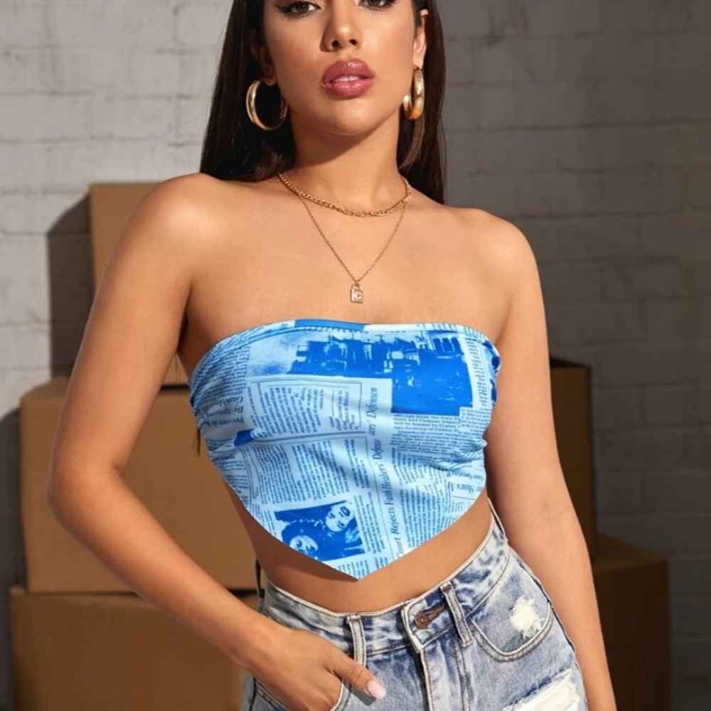 Newspaper print tie back bandana tube top.